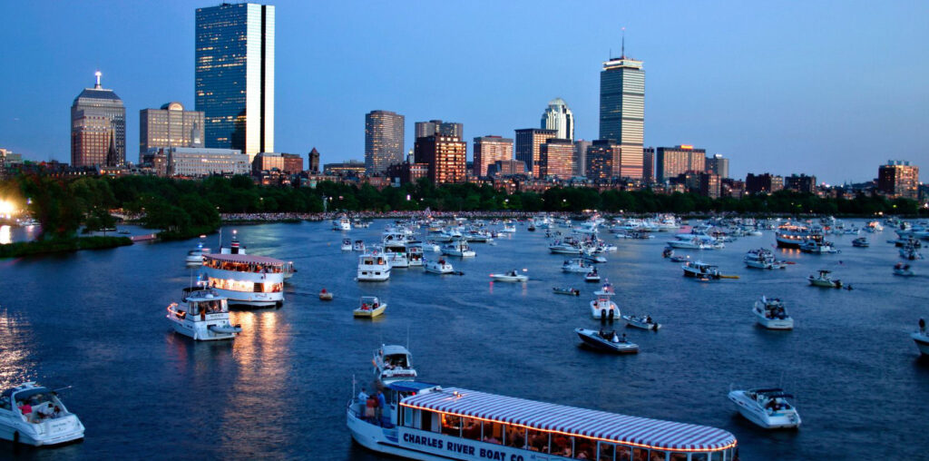 A large body of water with boats in it.